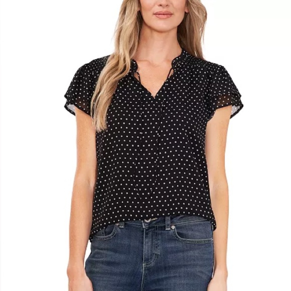CeCe Printed Flutter-Sleeve Black White Polka Dot Short Sleeve Top Size XL NWT